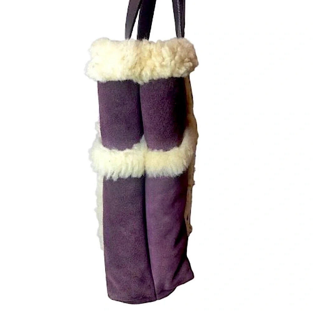 UGG Large Plum & Ivory Leather Shearling Sheepskin Tote Bag MINT CONDITION